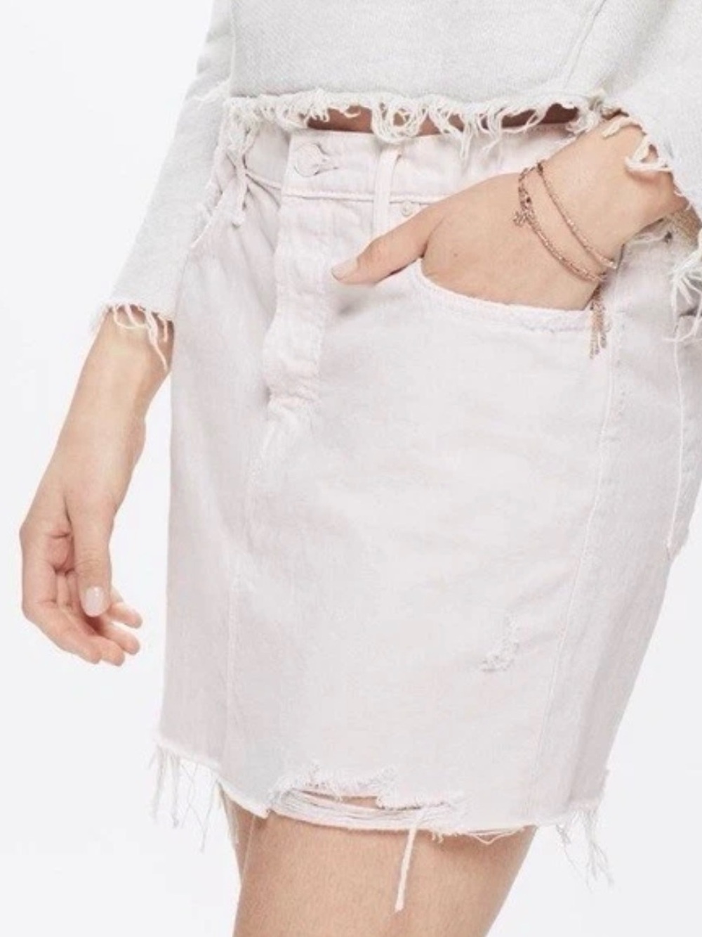 MOTHER Superior The Vagabond Mini Fray Light Pink Distressed Denim Mini Skirt 24